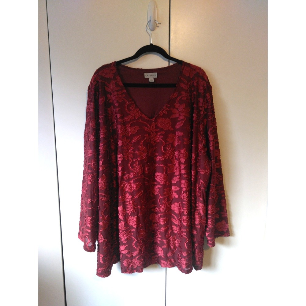 Catherines Floral Velvet Burnout Tunic Top Plus Size 4x Burgundy Lined Elegant